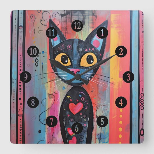 Kleurrijke Abstract Yellow Eyed Cat Vierkante Klok (Voorkant)