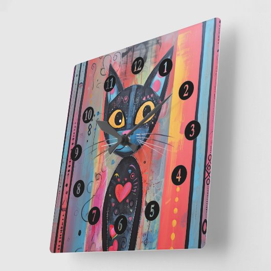 Kleurrijke Abstract Yellow Eyed Cat Vierkante Klok (Hoek)