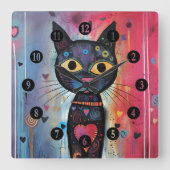 Kleurrijke Abstract Yellow Eyed Cat Vierkante Klok (Voorkant)