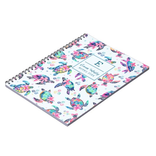Kleurrijke Abstract Zee Schildpad Monogrammed Bow Notitieboek (Linkerzijde)