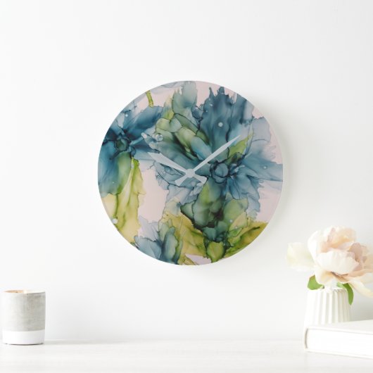 Kleurrijke Abstracte Blauwe en Groene Floral Kunst Grote Klok (Huis)