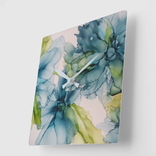 Kleurrijke Abstracte Blauwe en Groene Floral Kunst Vierkante Klok (Hoek)