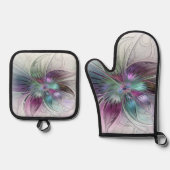 Kleurrijke Abstracte bloem Moderne fractale kunst Ovenwant & Pannenlap Set (Voorkant)