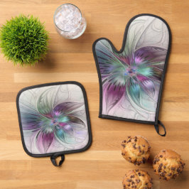 Kleurrijke Abstracte bloem Moderne fractale kunst Ovenwant & Pannenlap Set