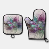 Kleurrijke Abstracte bloem Moderne fractale kunst Ovenwant & Pannenlap Set (Voorkant)