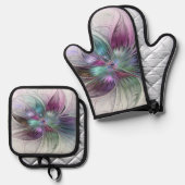Kleurrijke Abstracte bloem Moderne fractale kunst Ovenwant & Pannenlap Set (Voorkant / Achterkant)