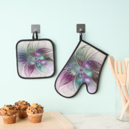 Kleurrijke Abstracte bloem Moderne fractale kunst Ovenwant & Pannenlap Set