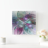 Kleurrijke Abstracte bloem Moderne fractale kunst Vierkante Klok (Huis)