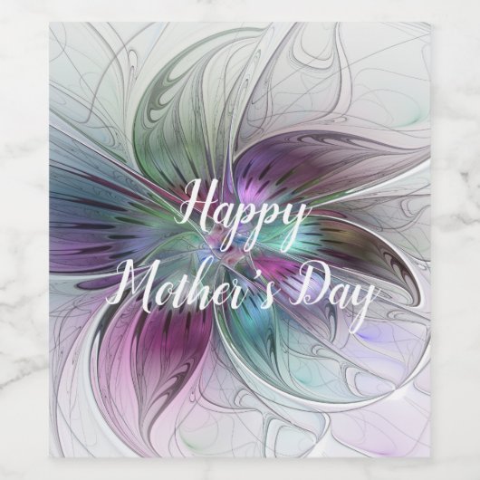 Kleurrijke Abstracte bloem Moderne fractale kunst Wijn Etiket (Enkel label)