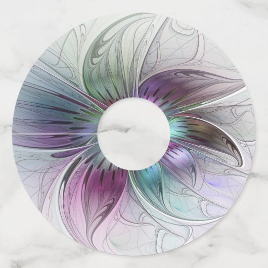 Kleurrijke Abstracte bloem Moderne fractale kunst Wijnglaslabel (Voorkant)