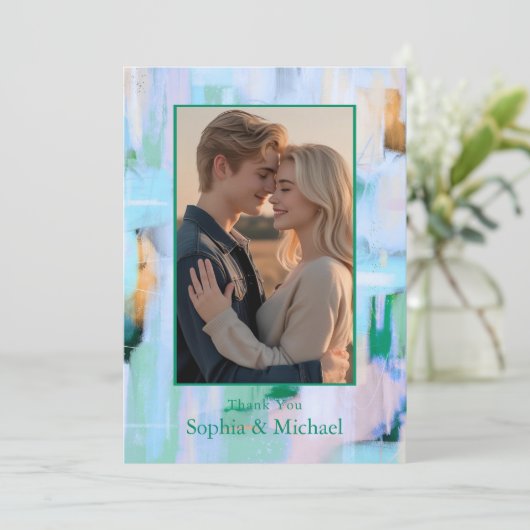 Kleurrijke Abstracte bruiloft Bedankt Card Blauw R (Staand voorkant)