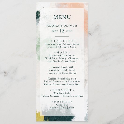 Kleurrijke Abstracte bruiloft diner menu (Voorkant)