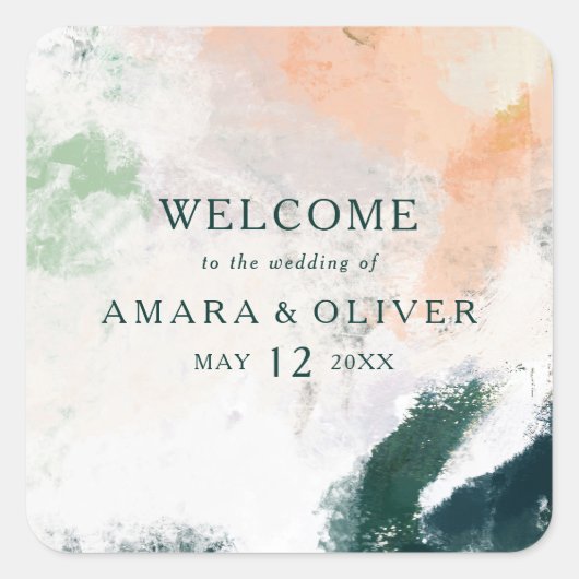 Kleurrijke Abstracte Bruiloft Welkom Vierkante Sti Vierkante Sticker (Voorkant)