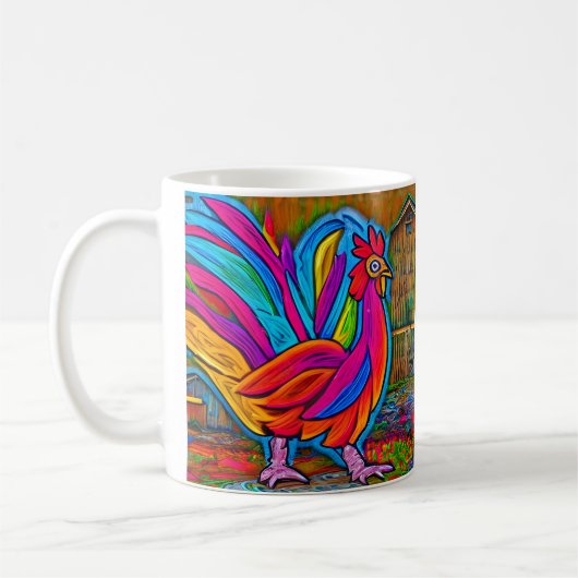 Kleurrijke Abstracte Cartoon Barn Rooster Koffiemok (Links)