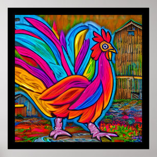 Kleurrijke Abstracte Cartoon Barn Rooster Poster