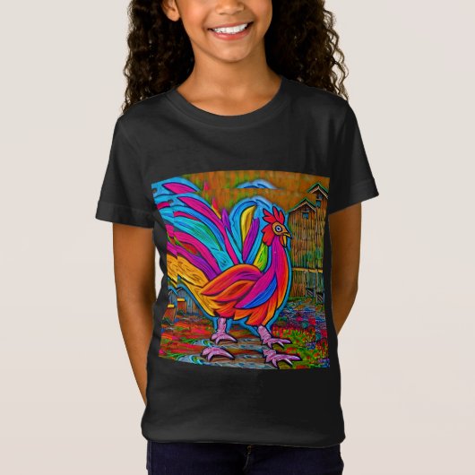 Kleurrijke Abstracte Cartoon Barn Rooster T-shirt (Voorkant)