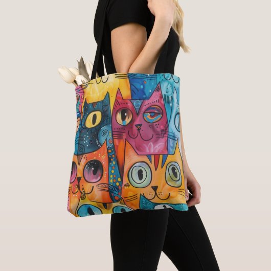 Kleurrijke Abstracte Cat Canvas tas | Levendig art (Dichtbij)