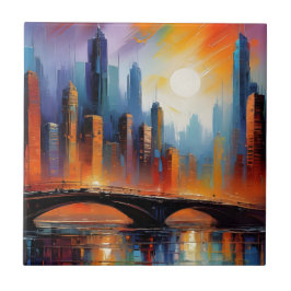 Kleurrijke Abstracte Cityscape Bridge Oil Paint Tegeltje