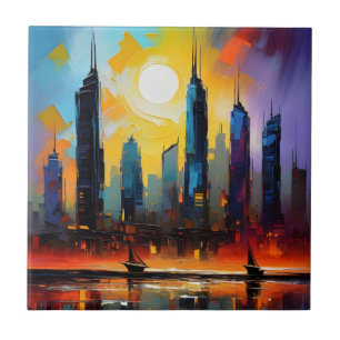 Kleurrijke Abstracte Cityscape Oil Acryl Paint Tegeltje