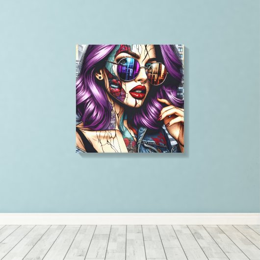 Kleurrijke Abstracte Dame met Paarse Haar Canvas Afdruk (Insitu (Houten vloer))