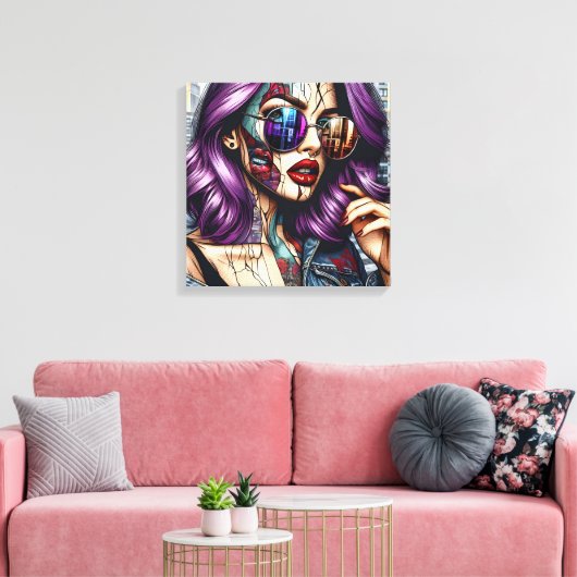 Kleurrijke Abstracte Dame met Paarse Haar Canvas Afdruk (Insitu (Woonkamer))