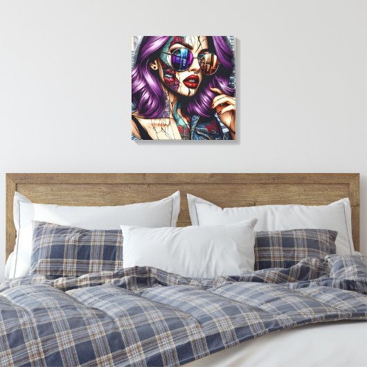 Kleurrijke Abstracte Dame met Paarse Haar Canvas Afdruk (Insitu (Slaapkamer))