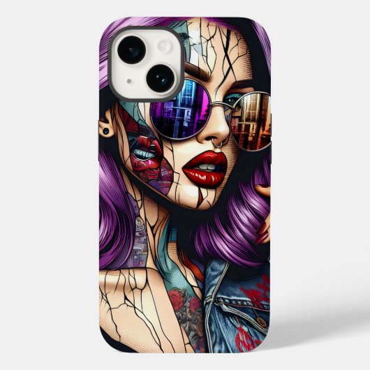Kleurrijke Abstracte  Dame met Paarse Haar Case-Mate iPhone Case (Achterkant)
