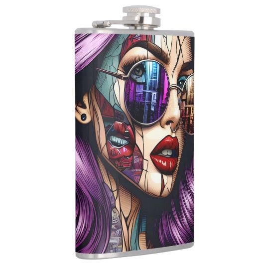 Kleurrijke Abstracte Dame met Paarse Haar Heupfles (Rechts)