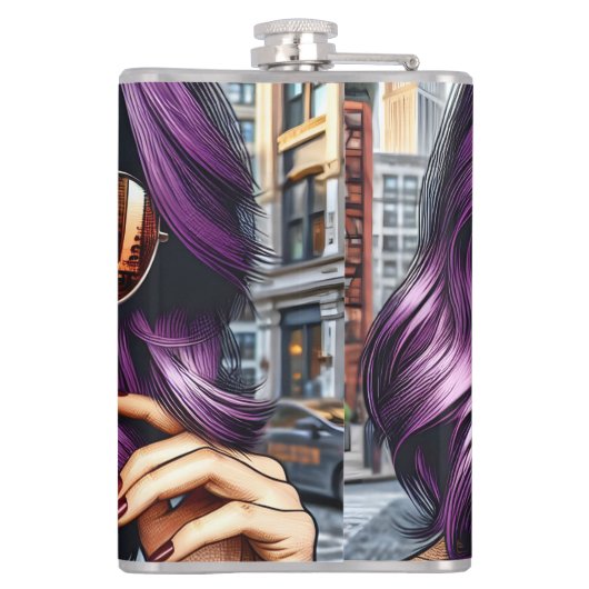 Kleurrijke Abstracte Dame met Paarse Haar Heupfles (Achterkant)