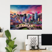 Kleurrijke Abstracte Denver Colorado Skyline Art Poster (Thuiskantoor)