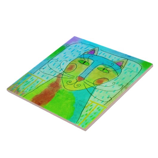 Kleurrijke Abstracte digitale kat schilderen Tegeltje (Zijkant)