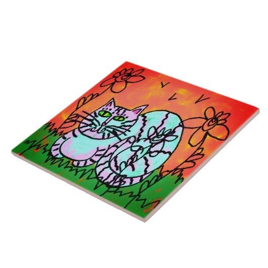 Kleurrijke Abstracte digitale kat schilderen Tegeltje (Zijkant)