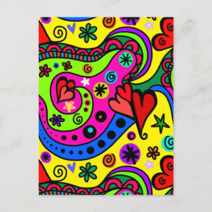 Kleurrijke Abstracte Doodle Art Hearts en Flowers Briefkaart