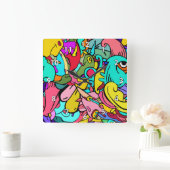 Kleurrijke Abstracte doodle Art Vierkante Klok (Huis)