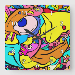 Kleurrijke Abstracte doodle Art Vierkante Klok