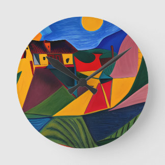 Kleurrijke abstracte dorpskunst ronde klok