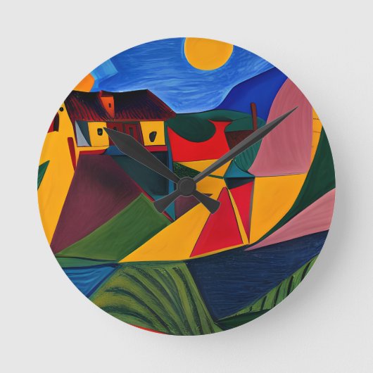 Kleurrijke abstracte dorpskunst ronde klok (Voorkant)