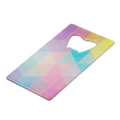 Kleurrijke abstracte driehoeken achtergrond creditkaart flessenopener (Voorkant Gekanteld)