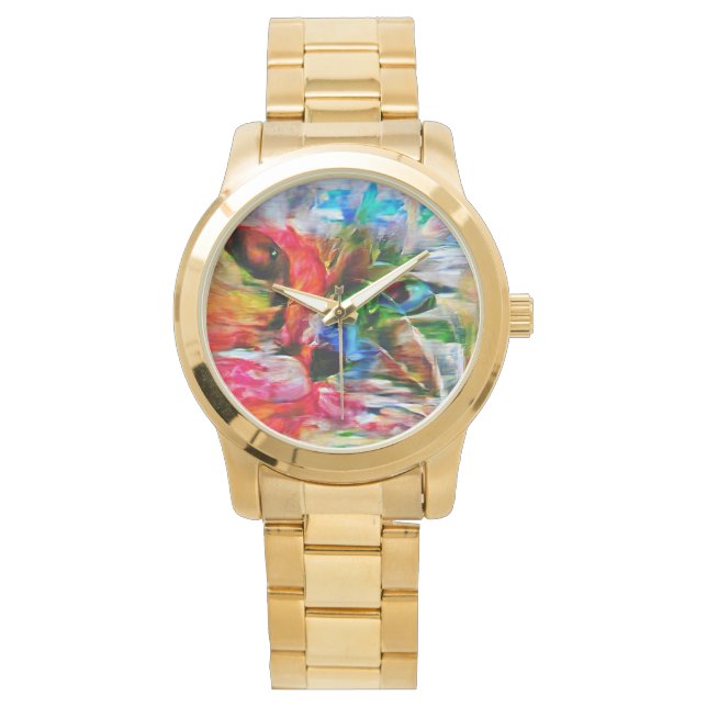 Kleurrijke Abstracte expressionistische Cat Art Pr Horloge (Voorkant)