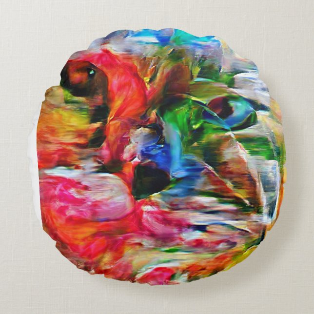 Kleurrijke Abstracte expressionistische Cat Art Pr Rond Kussen (Voorkant)