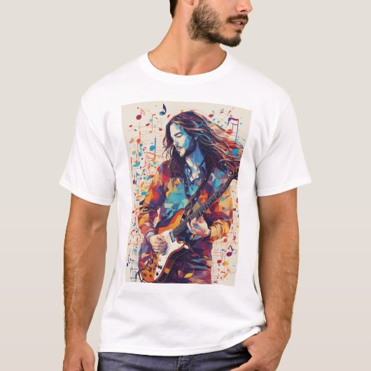Kleurrijke Abstracte gitarist muziek kunst T-shirt (Voorkant)