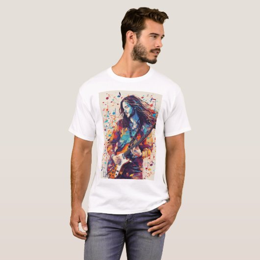 Kleurrijke Abstracte gitarist muziek kunst T-shirt (Voorkant volledig)