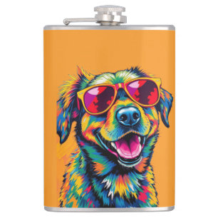 Kleurrijke Abstracte Hond met Zonnebril Heupfles