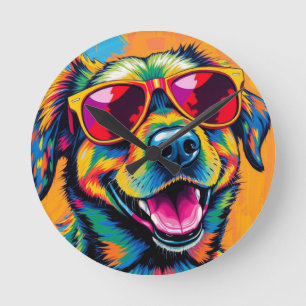 Kleurrijke Abstracte Hond met Zonnebril Ronde Klok