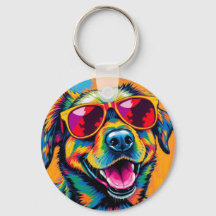 Kleurrijke Abstracte Hond met Zonnebril Sleutelhanger