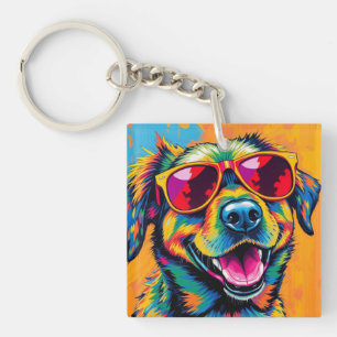 Kleurrijke Abstracte Hond met Zonnebril Sleutelhanger