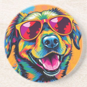 Kleurrijke Abstracte Hond met Zonnebril Zandsteen Onderzetter
