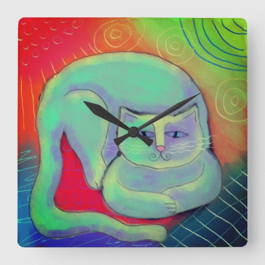Kleurrijke Abstracte kattenschilderende  Vierkante Klok (Voorkant)