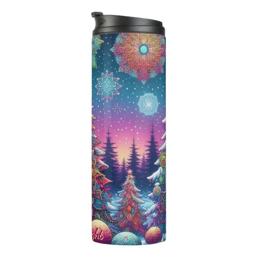 Kleurrijke Abstracte kerstbomen Thermosbeker (Geroteerd rechts)