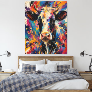 Kleurrijke Abstracte Koe Schildering met Vlinders Canvas Afdruk
